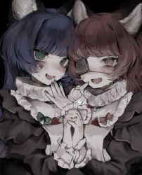 2girls @_@ animal_ears bandaged_hand bandages bell black_background blue_hair blush bow cat_ears cat_girl commentary_request dress eyepatch fang frilled_cuffs frilled_shirt_collar frilled_sleeves frills green_bow green_eyes green_nails hand_grab hand_on_own_chin highres jingle_bell kamitsubaki_studio long_hair long_sleeves looking_at_viewer looking_to_the_side manuka_x_x medical_eyepatch multiple_girls muted_color neck_ruff neffy_(valis) open_mouth pink_nails pinky_out puffy_long_sleeves puffy_sleeves rara_(valis) red_bow red_eyes red_hair simple_background sinsekai_studio sparkle_facial_mark sweat upper_body valis_(sinsekai) white_bow