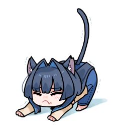 Rule 34 | 1girl, ^ ^, animal ears, blue hair, cat ears, cat tail, chibi, clipe, closed eyes, fang, hair intakes, hololive, hololive english, kemonomimi mode, long hair, ouro kronii, skin fang, solo, stretching, tail, trembling, virtual youtuber