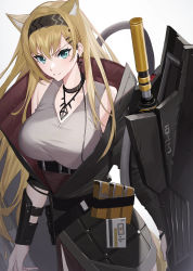Rule 34 | 1girl, animal ears, arknights, black choker, black hairband, black jacket, blonde hair, breasts, choker, commentary, cowboy shot, green eyes, grey shirt, hairband, highres, horn (arknights), jacket, jewelry, large breasts, long hair, looking at viewer, necklace, pouch, raitho, shirt, sleeveless, sleeveless shirt, solo, standing, v-shaped eyebrows, very long hair, wolf ears