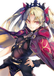 Rule 34 | 1girl, amamitsu kousuke, asymmetrical sleeves, bad id, bad tumblr id, between breasts, blonde hair, breasts, cape, earrings, ereshkigal (fate), fate/grand order, fate (series), gold trim, hair ornament, hair ribbon, highres, hoop earrings, infinity symbol, jewelry, long hair, looking at viewer, medium breasts, multicolored cape, multicolored clothes, parted bangs, purple eyes, red cape, ribbon, single sleeve, skull, smile, solo, twintails, uneven sleeves, white background
