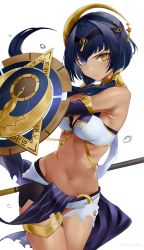 Rule 34 | 1girl, absurdres, armpits, bare shoulders, black hairband, blue hair, breasts, brooch, candace (genshin impact), cleavage, closed mouth, cowboy shot, crop top, dark-skinned female, dark skin, detached sleeves, egyptian clothes, eye of horus, floating hair, genshin impact, gold choker, gold trim, hair intakes, hair ornament, hair over shoulder, hairband, heterochromia, highres, holding, holding shield, holding weapon, jewelry, medium breasts, navel, purple eyes, shield, short hair with long locks, simple background, solo, stomach, sweat, tassel, thighlet, thighs, torn clothes, towrituka, twitter username, water drop, weapon, white background, yellow eyes