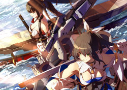 Rule 34 | 2girls, absurdres, aircraft, akagi (blue oath), anchor necklace, bare shoulders, black gloves, black hair, black legwear, blue dress, blue oath, blunt bangs, breasts, brown hair, cleavage, cloud, cloudy sky, criss-cross halter, day, detached collar, detached sleeves, dress, foreshortening, gloves, green eyes, halterneck, high ponytail, highres, jewelry, kaga (blue oath), katana, large breasts, long hair, medium breasts, momiji oroshi, mouth hold, multiple girls, necklace, ootachi, outdoors, pantyhose, pleated dress, ponytail, ribbon-trimmed legwear, ribbon trim, rigging, sheath, short dress, sidelocks, sky, smile, sword, thighhighs, very long hair, weapon, white dress, white gloves