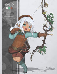 Rule 34 | 1girl, arrow (projectile), bard (final fantasy), belt, beret, blue footwear, blue shirt, boots, bow (weapon), braid, brown gloves, brown headwear, brown vest, dark-skinned female, dark skin, english text, final fantasy, final fantasy xiv, flat chest, full body, gloves, green eyes, hat, highres, holding, holding bow (weapon), holding weapon, knee boots, lalafell, long bangs, looking at viewer, medium hair, multiple views, open mouth, pointy ears, puluie, red shorts, red skirt, shirt, shorts, simple background, skirt, smile, standing, standing on one leg, twintails, vest, warrior of light (ff14), weapon, white hair