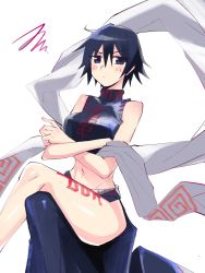 Rule 34 | 1girl, artist request, bare arms, bare legs, bare shoulders, black eyes, black hair, blush, breasts, crop top, crossed arms, highres, houshin engi, large breasts, leg tattoo, looking at viewer, medium breasts, midriff, navel, ou kijin, pelvic curtain, shiny skin, short hair, simple background, sitting, solo, tattoo, white background
