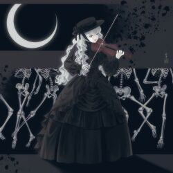 Rule 34 | 1girl, absurdres, black capelet, black dress, black flower, black hat, black ribbon, black rose, bow (music), capelet, chin strap, closed mouth, commentary, crescent moon, dress, flower, frilled dress, frills, full body, gothic lolita, grey background, grey hair, hat, hat flower, hat ornament, hat ribbon, highres, holding, holding instrument, holding violin, instrument, lolita fashion, long dress, long hair, long sleeves, moon, music, original, playing instrument, purple eyes, ribbon, rose, seal impression, signature, skeletal hand, skeleton, skull hat ornament, solo, standing, ushiyama ame, violin, wavy hair