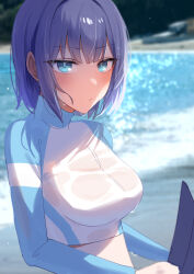 Rule 34 | 1girl, absurdres, blue archive, blue eyes, blue headwear, blush, breasts, closed mouth, unworn headwear, highres, holding, illust ruta, large breasts, looking at viewer, medium breasts, midriff, ocean, official alternate costume, purple hair, saki (blue archive), saki (swimsuit) (blue archive), see-through, shirt, short hair, solo, swimsuit, water drop, wet, wet clothes, wet hair, wet shirt