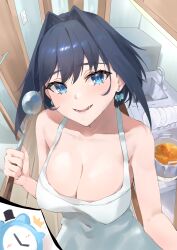 Rule 34 | 1girl, absurdres, alternate costume, apron, artist request, black hair, blue eyes, breasts, clock, door, earrings, food, highres, hololive, hololive english, jewelry, kitchen, ladle, large breasts, light blush, open mouth, ouro kronii, plate, pov, smile, stew, virtual youtuber