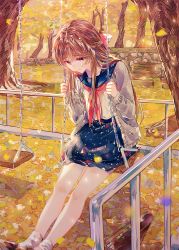 Rule 34 | 1girl, ahma, autumn leaves, bag, bench, blue sailor collar, blue skirt, blush, brown footwear, brown hair, cardigan, closed mouth, crying, crying with eyes open, highres, legs together, long sleeves, looking up, neckerchief, original, outdoors, park, pleated skirt, purple eyes, red neckerchief, sailor collar, school bag, school uniform, serafuku, shirt, shoes, sitting, skirt, socks, solo, swing, tears, tree, unworn bag, wavy mouth, white shirt, white socks, wooden bench