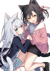 Rule 34 | 2girls, :d, animal ears, black footwear, black hair, black jacket, black shorts, blue bow, blue dress, blue eyes, blue hairband, bow, cat ears, cat girl, cat tail, closed mouth, commentary request, drawstring, dress, fang, grey hair, grey shirt, hair between eyes, hair bow, hair ribbon, hairband, highres, holding hands, jacket, long hair, long sleeves, multiple girls, one side up, open mouth, original, pink jacket, plaid, plaid dress, pleated dress, puffy long sleeves, puffy sleeves, red ribbon, ribbon, shirt, shoes, short shorts, shorts, simple background, smile, tail, tokuno yuika, very long hair, white background, yellow eyes