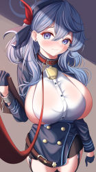 Rule 34 | 1girl, absurdres, ako (blue archive), animal collar, azuma (sospower73), bell, black hairband, black skirt, black thighhighs, blouse, blue archive, blue eyes, blue gloves, blue hair, blue jacket, blush, breasts, clipboard, closed mouth, collar, cowbell, earrings, embarrassed, garter straps, gloves, hair between eyes, hair ribbon, hairband, half gloves, halo, highres, holding, holding clipboard, jacket, jewelry, large breasts, leash, long hair, long sleeves, pencil skirt, ribbon, shirt, simple background, skirt, sleeveless, sleeveless shirt, solo, stud earrings, thighhighs, white shirt
