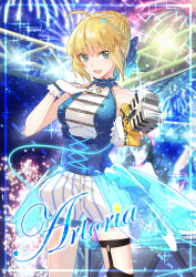 Rule 34 | 1girl, :d, absurdres, ahoge, alternate costume, artoria pendragon (all), artoria pendragon (fate), black thighhighs, blonde hair, blue bow, bow, bracelet, braid, braided bun, breasts, bustier, character name, choker, collarbone, crown braid, excalibur (fate/stay night), fate/stay night, fate (series), fireworks, garter straps, gloves, green eyes, hair bow, hair bun, highres, holding, holding microphone, huge filesize, idol, jewelry, kotatsu kaya, looking at viewer, medium breasts, microphone, open mouth, overskirt, saber (fate), see-through, short hair, short shorts, shorts, single hair bun, sleeveless, smile, solo, stage, standing, striped clothes, striped shorts, thigh strap, thighhighs, vertical-striped clothes, vertical-striped shorts, white gloves, white shorts