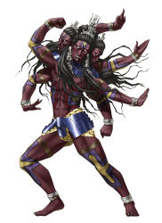 Rule 34 | 1boy, anklet, armor, asura (megami tensei), black hair, black nails, bracelet, clenched hand, colored skin, crown, earrings, extra arms, facial mark, fingernails, full body, highres, jewelry, kazuma kaneko, looking at viewer, male focus, multiple heads, nail polish, necklace, official art, parted lips, pointy ears, red skin, sharp fingernails, shin megami tensei, simple background, solid eyes, solo, tattoo, teeth, tusks, white background, white eyes