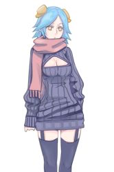 Rule 34 | 1girl, blue hair, cleavage cutout, clothing cutout, frostblade irelia, highres, irelia, league of legends, meme attire, open-chest sweater, short hair, simple background, solo, sweater, thighhighs