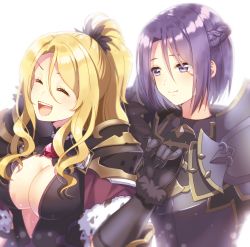 Rule 34 | 2girls, :d, ^ ^, absurdres, armor, backlighting, bad id, bad pixiv id, blonde hair, blush, braid, breastplate, breasts, christina (princess connect!), cleavage, closed eyes, closed mouth, eyebrows hidden by hair, fur trim, gauntlets, gem, hair between eyes, hand up, high ponytail, highres, ichiren namiro, jewelry, jun (princess connect!), long hair, medium breasts, multiple girls, necklace, open mouth, pearl necklace, ponytail, princess connect!, purple eyes, purple hair, short hair, sidelocks, simple background, smile, teeth, upper teeth only, v-shaped eyebrows, white background