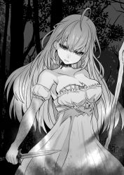 Rule 34 | 1girl, ahoge, breasts, choker, cleavage, detached sleeves, dress, empty eyes, forest, greyscale, holding, holding weapon, knife, large breasts, long hair, monochrome, nature, nijisanji, puffy short sleeves, puffy sleeves, short sleeves, solo, staff, strapless, strapless dress, takamiya rion, tree, virtual youtuber, weapon, yukinojou yakan