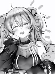 1girl, :d, ahoge, animal ears, arm support, big hair, blush, breasts, cleavage, eyes closed, facing viewer, fangs, greyscale, hair between eyes, hair ornament, hairclip, head rest, highres, hololive, jacket, large breasts, lion ears, long hair, monochrome, nanashi (nlo), off shoulder, open mouth, shishiro botan, skin fangs, smile, solo, upper body