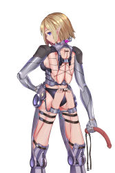 Rule 34 | 1girl, arms behind back, bdsm, blonde hair, blue eyes, bound, bound arms, bound legs, commentary request, cuffs, dildo gag, elf, exoskeleton, gag, haimei1980, hand on own hip, highres, holding gag, imminent gagging, joints, looking at viewer, looking back, mechanical arms, mechanical legs, original, pointy ears, reverse prayer, robot joints, second-party source, shackles, simple background, skindentation, solo, standing, thumbcuffs, toecuffs, variant set, vial, white background