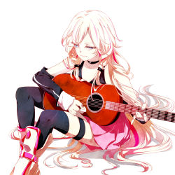 Rule 34 | 1girl, 2 alice 2, acoustic guitar, blue eyes, boots, braid, choker, detached sleeves, guitar, ia (vocaloid), instrument, long hair, sitting, skirt, solo, thigh strap, thighhighs, twin braids, very long hair, vocaloid, white background, white hair
