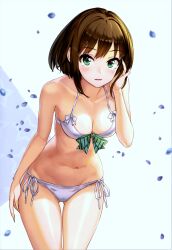 Rule 34 | 1girl, absurdres, alternate hair length, alternate hairstyle, bare shoulders, bikini, blue background, blush, bow, breasts, brown hair, cleavage, collarbone, cowboy shot, falling petals, fingernails, front-tie top, gluteal fold, green bow, green eyes, halterneck, hamahama, highres, hip focus, idolmaster, idolmaster cinderella girls, leaning forward, long fingernails, looking at viewer, medium breasts, navel, parted lips, petals, scan, shibuya rin, shiny skin, short hair, side-tie bikini bottom, simple background, smile, solo, striped, striped bow, swimsuit, thigh gap, thighs, white background, white bikini