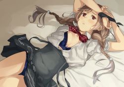 Rule 34 | 1girl, arms up, bed, blue bra, blue panties, bow, bowtie, bra, braid, brown eyes, cloud hair ornament, commentary request, cowboy shot, kantai collection, light brown hair, long hair, looking at viewer, lying, makio (makiomeigenbot), minegumo (kancolle), open clothes, panties, plaid, plaid bow, plaid bowtie, plaid neckwear, pleated skirt, red bow, red bowtie, shirt, skirt, solo, suspender skirt, suspenders, thigh gap, twin braids, underwear, white shirt