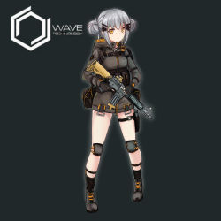 Rule 34 | assault rifle, belt, belt pouch, bgm-71 (girls&#039; frontline), double bun, fingerless gloves, full body, girls&#039; frontline, gloves, grey background, grey hair, gun, hair ornament, highres, knee pads, looking at viewer, military operator, pouch, rifle, sechka, shoes, simple background, solo, trigger discipline, weapon