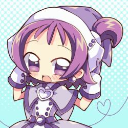 Rule 34 | 1girl, :d, blush, brooch, capelet, commentary request, dress, earrings, gloves, hand on headwear, hands up, hat, heart, heart brooch, jewelry, kiba yaeba, looking at viewer, magical girl, ojamajo doremi, one side up, open mouth, purple capelet, purple dress, purple eyes, purple gloves, purple hair, purple hat, segawa onpu, short hair, smile, solo, witch hat