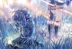Rule 34 | 2girls, bow, commentary request, covering face, crying, double bun, fingerless gloves, gloves, grass, hair bow, hair bun, himehina channel, leg strap, multiple girls, outdoors, puffy short sleeves, puffy sleeves, rain, sakino shingetsu, short hair, short sleeves, shorts, sitting, standing, suzuki hina, tanaka hime, thigh strap, virtual youtuber