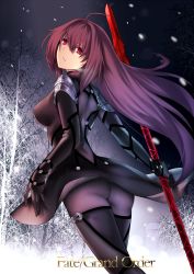 Rule 34 | 1girl, armor, ass, back, bodysuit, breasts, breath, copyright name, fate/grand order, fate (series), forest, gae bolg (fate), highres, holding, holding weapon, karlwolf, large breasts, long hair, looking at viewer, nature, purple bodysuit, purple hair, red eyes, scathach (fate), scathach (fate), shoulder armor, snowing, solo, very long hair, weapon