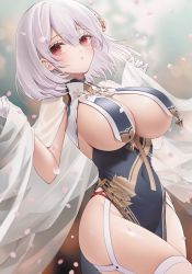 Rule 34 | 1girl, azur lane, bare shoulders, black dress, breast curtains, breasts, china dress, chinese clothes, cleavage, commentary request, covered navel, cowboy shot, dress, garter straps, gloves, hair ornament, half gloves, large breasts, looking at viewer, no bra, parted lips, pelvic curtain, petals, red eyes, see-through, short hair, silver hair, sirius (azur lane), sirius (azure horizons) (azur lane), sleeveless, sleeveless dress, solo, thighhighs, thighs, urano ura, white gloves, white thighhighs