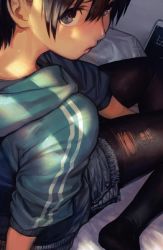 Rule 34 | 1girl, black eyes, black hair, cellphone, character request, closed mouth, denim, denim shorts, hungry clicker, looking at viewer, miru tights, pantyhose, phone, short hair, shorts, solo, torn clothes, torn pantyhose