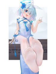 Rule 34 | 1girl, arona (blue archive), ass, blue archive, blue dress, blue eyes, blue hair, blue halo, blue nails, blush, braid, china dress, chinese clothes, colored inner hair, cup, dress, eyes visible through hair, feet, fh moya, fingernails, flat chest, hair over one eye, halo, highres, holding, holding cup, looking at viewer, multicolored hair, nail polish, open mouth, pink hair, short hair, single braid, smile, soles, solo, thighhighs, toes, white thighhighs