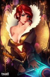 Rule 34 | 1girl, bare shoulders, blue eyes, breasts, cleavage, curly hair, eyebrows, feather collar, head tilt, high collar, highres, holding, holding weapon, jacket, lips, looking at viewer, medium breasts, medium hair, no bra, off shoulder, parted lips, photoshop (medium), red (transistor), red hair, revision, short hair, solo, the transistor, transistor (game), tsuaii, watermark, weapon, web address