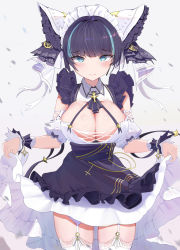 Rule 34 | 1girl, aqua eyes, aqua hair, azur lane, black hair, blunt bangs, blush, breasts, cheshire (azur lane), cleavage, clothes lift, dress, dress lift, fang, garter belt, grey background, gumifans, heart, heart-shaped pupils, highres, large breasts, lifted by self, looking at viewer, multicolored hair, short hair, simple background, skin fang, solo, streaked hair, symbol-shaped pupils, thighhighs, thighs, wavy mouth, white thighhighs, wrist cuffs
