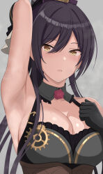 Rule 34 | 1girl, armpit focus, armpit stubble, armpits, baji toufuu (bajitohfu), bare shoulders, black gloves, blush, breasts, character request, check character, cleavage, collarbone, commentary request, eyelashes, gloves, grey background, hair between eyes, hand up, highres, idolmaster, large breasts, long hair, purple hair, shirase sakuya, smell, solo, steaming body, sweatdrop, upper body, yellow eyes