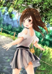 Rule 34 | 1girl, :d, absurdres, bag, bare shoulders, blurry, blurry background, blush, brown eyes, brown hair, clothing cutout, commentary request, day, depth of field, grey skirt, handbag, highres, long hair, looking at viewer, looking back, maru shion, open mouth, original, outdoors, road, short sleeves, shoulder bag, shoulder cutout, skirt, smile, solo, striped clothes, striped skirt, sunlight, teeth, upper teeth only, vertical-striped clothes, vertical-striped skirt, white legwear