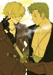 Rule 34 | 2boys, black gloves, blonde hair, cigarette, collarbone, earrings, facial hair, formal, gloves, green hair, haramaki, highres, jewelry, male focus, multiple boys, necklace, one piece, pectorals, profile, red suit, roronoa zoro, sanji (one piece), scar, scar across eye, scar on chest, short hair, sideburns, simple background, smile, smoke, smoking, straw hat pirates, suit, sword, urmymerlot 1205, weapon, white background, yaoi