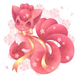 Rule 34 | :d, blush, floral background, flower, full body, gen 1 pokemon, looking at viewer, lowres, multiple tails, neck ribbon, no humans, open mouth, petals, pink eyes, pokemon, pokemon (creature), ribbon, smile, tail, ten&#039;on (amane09), vulpix, yellow ribbon