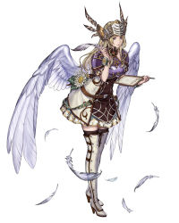 Rule 34 | 1girl, armor, belt, blonde hair, blue eyes, boots, breastplate, closed mouth, dress, feathered wings, feathers, flower, full body, helmet, holding, lips, long hair, looking at viewer, official art, quill, short dress, shoulder armor, shoulder pads, silmeria valkyrie, simple background, solo, standing, thigh boots, thighhighs, valkyrie anatomia, valkyrie profile (series), valkyrie profile 2: silmeria, white background, wings, yoshinari kou, zettai ryouiki