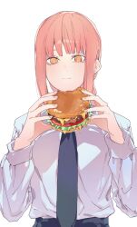Rule 34 | 1girl, black necktie, black pants, burger, chainsaw man, chewing, collared shirt, food, highres, holding, holding food, looking at viewer, makima (chainsaw man), medium hair, necktie, pants, red hair, ringed eyes, shirt, shirt tucked in, sidelocks, simple background, solo, valentine (02140314c), white background, white shirt, yellow eyes