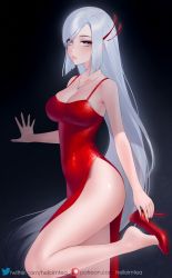 Rule 34 | 1girl, alternate costume, black background, blue eyes, breasts, cleavage, commentary request, covered navel, dress, genshin impact, helloimtea, high heels, highres, jewelry, large breasts, long hair, looking at viewer, necklace, pink lips, red dress, red footwear, shenhe (genshin impact), side slit, simple background, sleeveless, sleeveless dress, solo, spaghetti strap, standing, standing on one leg, thighs, very long hair, white hair
