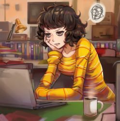 Rule 34 | 1girl, absurdres, annoyed, bags under eyes, book, breasts, brown eyes, brown hair, coffee mug, computer, cup, curly hair, hand on own face, highres, kawakami sadayo, laptop, lipstick, long sleeves, makeup, medium breasts, medium hair, mug, persona, persona 5, scowl, shirt, sitting, solo, spoken squiggle, squiggle, steam, toasty scones, v-shaped eyebrows, yellow shirt
