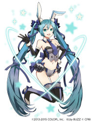 Rule 34 | 1girl, alternate costume, animal ears, aqua eyes, aqua hair, boots, bow, breasts, buzz (moi), copyright name, detached sleeves, gloves, hair ribbon, hatsune miku, high heel boots, high heels, jumping, long hair, looking at viewer, magician wiz (game), navel, necktie, panties, rabbit ears, ribbon, solo, star (symbol), thigh boots, thighhighs, twintails, underwear, v, very long hair, vocaloid, white background