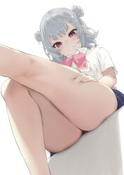 Rule 34 | 1girl, blue skirt, cevio, closed mouth, collared shirt, double bun, from below, hair bun, highres, koharu rikka, looking at viewer, medium hair, pink eyes, shirt, short sleeves, simple background, sitting, skirt, solo, sweatdrop, synthesizer v, thick thighs, thighs, white background, white hair, white shirt, yappen