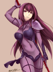 Rule 34 | 1girl, :d, black hair, bodysuit, breasts, brown eyes, cleavage, covered navel, fate/grand order, fate (series), gae bolg (fate), holding, ishii hisao, large breasts, long hair, looking at viewer, open mouth, parted lips, purple bodysuit, scathach (fate), scathach (fate), smile, solo