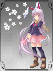 Rule 34 | 1girl, absurdres, animal ears, blazer, boots, bullet, female focus, full body, gradient background, highres, houji cha, jacket, long hair, plant, pleated skirt, purple hair, rabbit ears, red eyes, reisen udongein inaba, scarf, skirt, solo, thighhighs, touhou