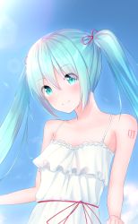 Rule 34 | absurdly long hair, absurdres, aqua hair, bare arms, bare shoulders, caffeinechara, closed mouth, dress, hair ribbon, hatsune miku, highres, long dress, long hair, looking down, nose, ribbon, sky, smile, spaghetti strap, summer, sundress, twintails, very long hair, vocaloid, vocaloid append, white headwear