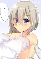 Rule 34 | ..., 10s, 1girl, bad id, bad twitter id, blurry, blush, breasts, collarbone, depth of field, eyes visible through hair, gloves, gradient background, grey hair, hair between eyes, hair ornament, hair over one eye, hairclip, hamakaze (kancolle), highres, kantai collection, large breasts, looking at viewer, navy (navy.blue), parted lips, shirt, short hair, sideboob, solo, solo focus, spoken ellipsis, sweatdrop, twitter username, undressing, upper body, white gloves, white shirt