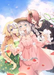 Rule 34 | 3girls, aircraft, airplane, alternate costume, black dress, blonde hair, blue eyes, blue sky, braid, breasts, closed mouth, cloud, collarbone, commentary request, covered eyes, day, dress, fate/grand order, fate (series), floral print, flower, frankenstein&#039;s monster (fate), frilled dress, frills, green dress, green ribbon, hair between eyes, hair over eyes, hat, headpiece, highres, horns, jacket, jeanne d&#039;arc (fate), jeanne d&#039;arc (ruler) (fate), jewelry, long hair, long sleeves, looking at viewer, marie antoinette (fate), mechanical horns, medium breasts, multiple girls, neck ribbon, necklace, no-kan, official alternate costume, one eye closed, open clothes, open mouth, outdoors, pearl necklace, petals, pink dress, pink hair, ribbon, short hair, single braid, single horn, sky, smile, sun hat, teeth, twin braids, under the same sky, veil, very long hair, yellow jacket