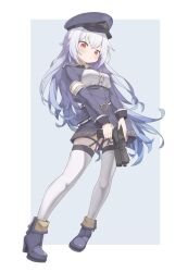 Rule 34 | 1girl, blue background, blue hair, blush, double-parted bangs, gun, henzer, highres, holding, holding gun, holding weapon, long hair, military uniform, original, red eyes, solo, thighhighs, uniform, weapon, white thighhighs