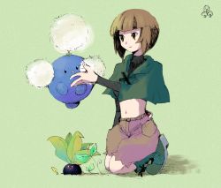 Rule 34 | 00s, 1girl, bad id, bad pixiv id, boots, brown eyes, brown hair, capelet, creatures (company), game freak, gardenia (pokemon), gen 1 pokemon, gen 2 pokemon, green capelet, green footwear, gym leader, highres, histon, jumpluff, midriff, navel, nintendo, oddish, poke ball, pokemon, pokemon (creature), pokemon dppt, short hair, shorts
